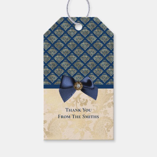  Navy Gold Damask Bedankt voor je naam Cadeaulabel (Voorkant)