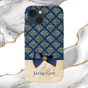  Navy Gold Damask Kijk met Bow en Naam Case-Mate iPhone 14 Plus Hoesje