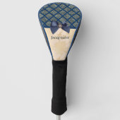 Navy Gold Damask Kijk met Bow en Naam Golfheadcover (Voorkant)