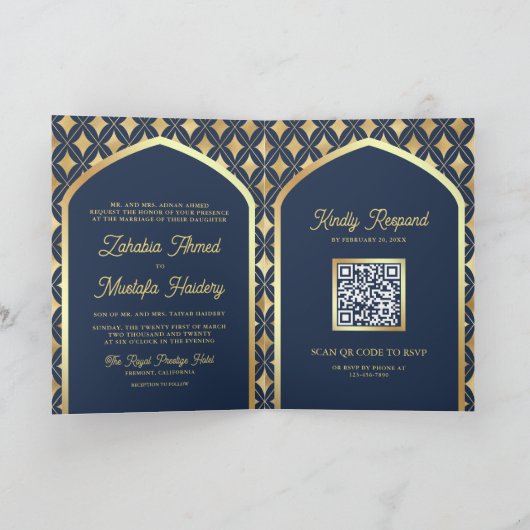 Navy Gold Diamonds Arch QR Code Moslim Bruiloft (Binnen)