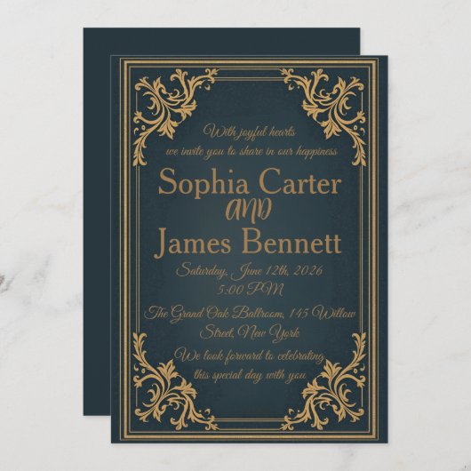 Navy Gold Elegant Formal Wedding Invitation (Devant / Derrière)