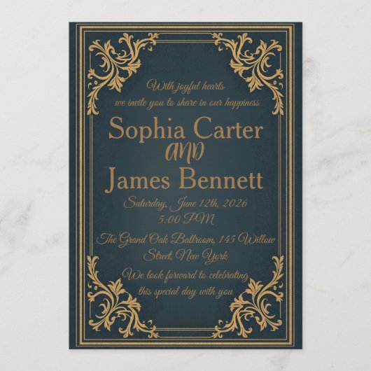 Navy Gold Elegant Formal Wedding Invitation Kaart (Voorkant)