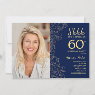 Navy Gold Elegant Verrassingsfoto 60e Verjaardag Kaart