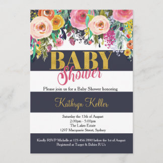 Navy & Gold Floral Baby shower Kaart