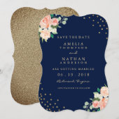 Navy Gold Floral Confetti Wedding Save the Date (Voorkant / Achterkant)
