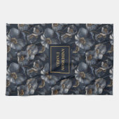 Navy Gold Floral Elegant Monogram Kitchen Towel Theedoek (Horizontaal)