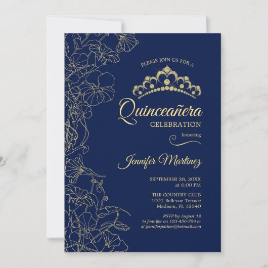 Navy Gold Floral Quinceanera Party Kaart (Voorkant)
