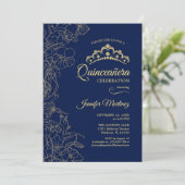 Navy Gold Floral Quinceanera Party Kaart (Staand voorkant)
