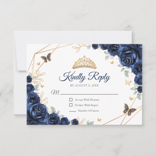 Navy Gold Floral Quinceanera Reply RSVP Kaartje (Voorkant)