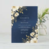 Navy Gold Floral Romance Wedding Kaart (Staand voorkant)