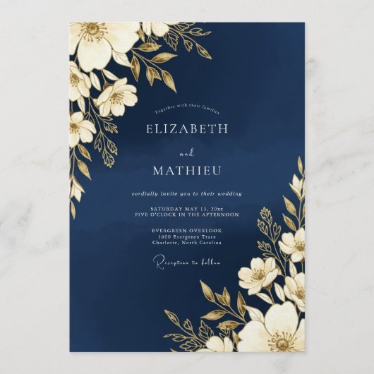Navy Gold Floral Romance Wedding Kaart (Voorkant)