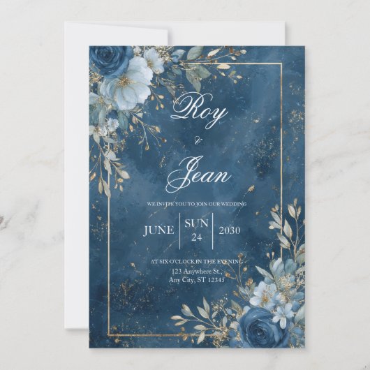 Navy & Gold Floral Uitnodiging voor het Huwelijk (Voorkant)