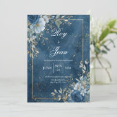 Navy & Gold Floral Uitnodiging voor het Huwelijk (Staand voorkant)