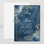 Navy & Gold Floral Uitnodiging voor het Huwelijk (Voorkant / Achterkant)