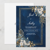 Navy & Gold Floral Uitnodiging voor het Huwelijk (Voorkant / Achterkant)