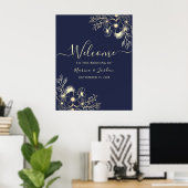 Navy Gold Floral Wedding Welkom Poster (Thuiskantoor)