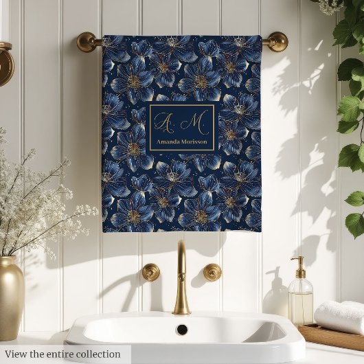 Navy Gold Flower Towels Modern Monogram Style