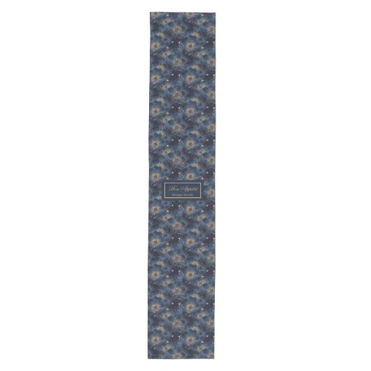 Navy Gold Flowers Table Runner Lux Monogram Design Medium Tafelloper (Voorkant)