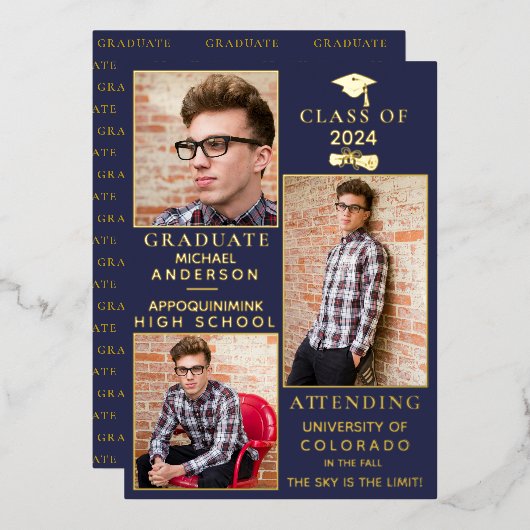 Navy Gold Foil HS Afstuderen Aankondiging (Voorkant / Achterkant)