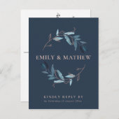 NAVY GOLD FOLIAGE WATERVERF KRANS BRUILOFT RSVP UITNODIGING BRIEFKAART (Voorkant / Achterkant)