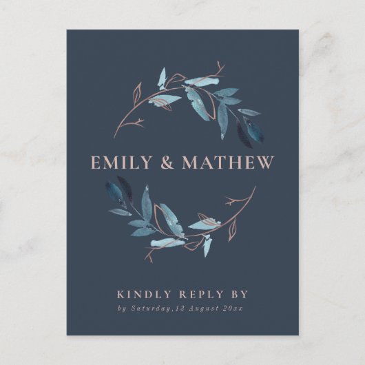 NAVY GOLD FOLIAGE WATERVERF KRANS BRUILOFT RSVP UITNODIGING BRIEFKAART (Voorkant)