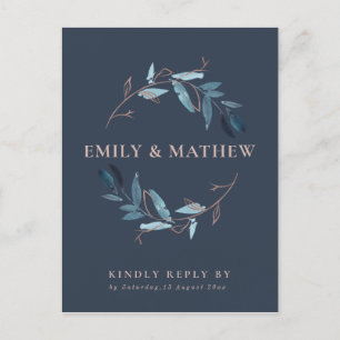 NAVY GOLD FOLIAGE WATERVERF WREATH WEDDING RSVP UITNODIGING BRIEFKAART