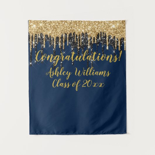 Navy Gold Glitter Afstudeerfeest Fotocabine Wandkleed (Voorkant)