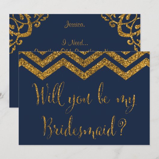 Navy & Gold Glitter | Bent u mijn Bridesmaid? Kaart (Voorkant / Achterkant)