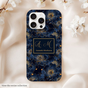 Navy Gold iPhone Hoesje Lux Monogram Bloemaccent