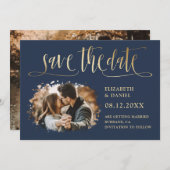 Navy Gold Kalligrafie Bruiloft 2 Splatter Foto Save The Date (Voorkant / Achterkant)