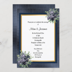 NAVY GOLD LAYERED EMBOSSED FLORAL WEDING KAART