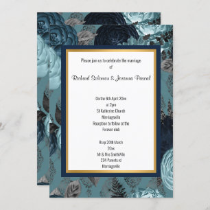 NAVY GOLD LAYERED FLORAL WEDDING INVITATION KAART