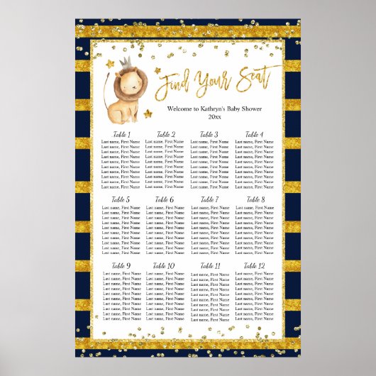 Navy Gold Lion Baby shower Seating Chart Poster (Voorkant)