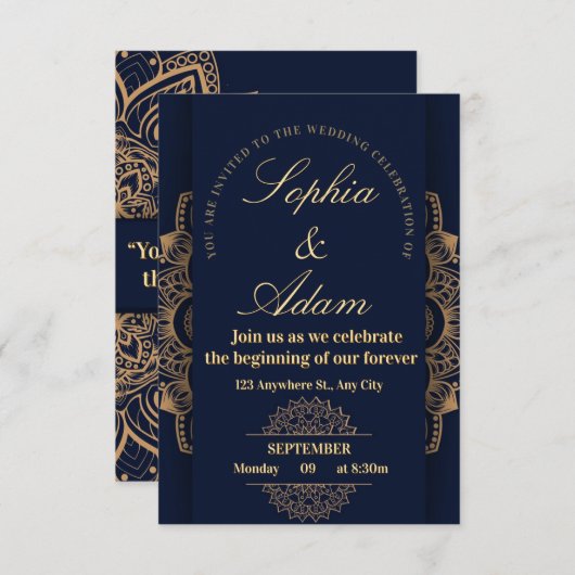 Navy & Gold Mandala Invitation (Devant / Derrière)