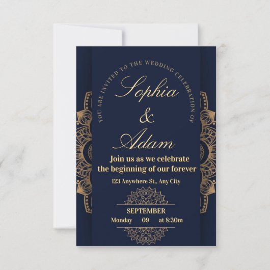 Navy & Gold Mandala Invitation RSVP Kaartje (Voorkant)