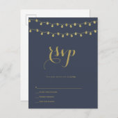 Navy Gold Modern Lights bruiloft RSVP briefkaarten (Voorkant / Achterkant)