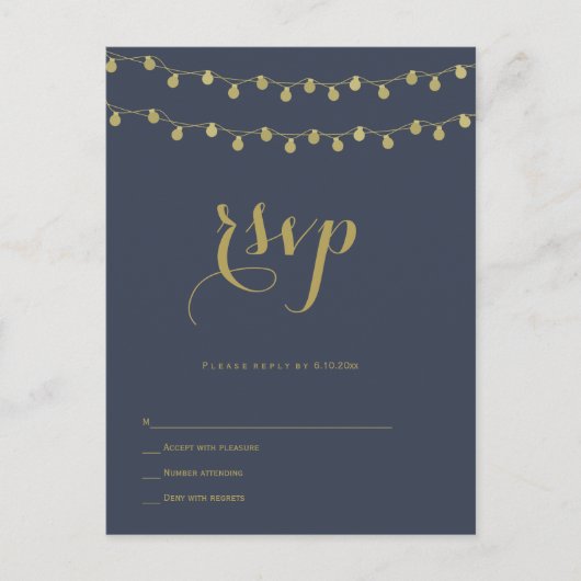 Navy Gold Modern Lights bruiloft RSVP briefkaarten (Voorkant)
