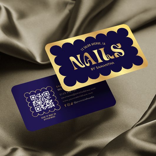 Navy & Gold Modern QR Code Manicure Nails Salon Visitekaartje