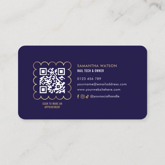 Navy & Gold Modern QR Code Manicure Nails Salon Visitekaartje (Achterkant)