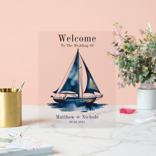 Navy Gold Nautical Boat Gold Wedding Welcome Sign (Mariage)