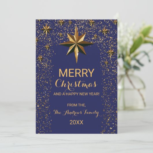 Navy Gold North Star Glitter Confetti Kerstmis Feestdagenkaart (Staand voorkant)
