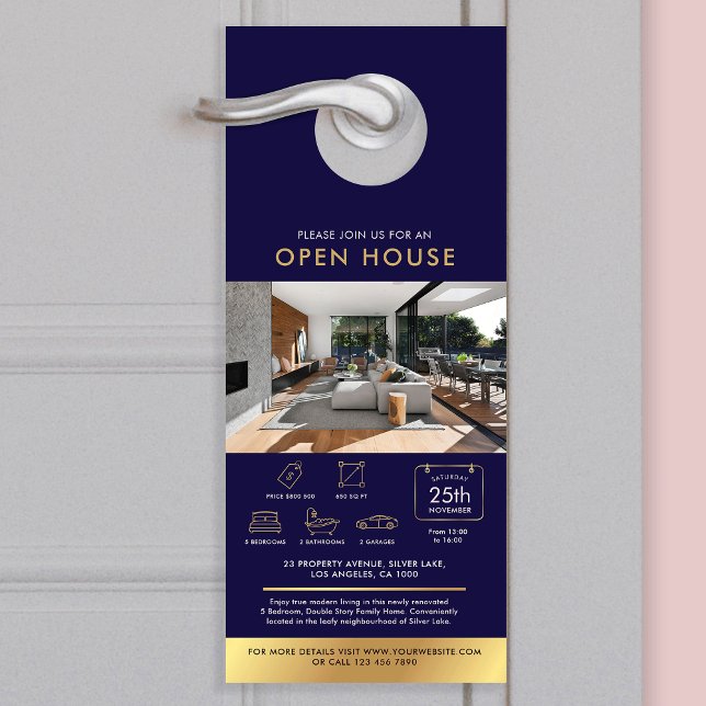 Navy & Gold Open House Uitnodigingshuis te koop (Navy and gold real estate house for sale marketing door hanger with photos and custom text)