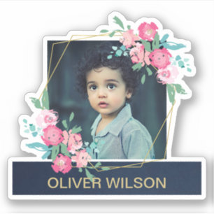 NAVY GOLD OVERLAY PINK BLUSH FLORAL WREATH FOTO STICKER