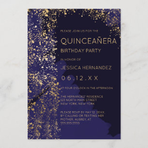 Navy Gold Paint Splatter Brushstroke Quinceañera Kaart