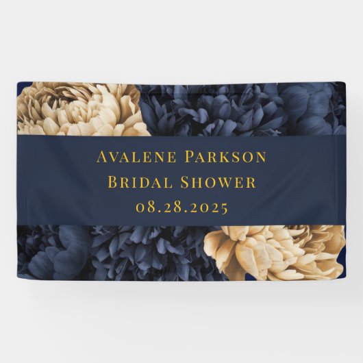 Navy Gold Painted Peony Wedding Spandoek (Horizontaal)