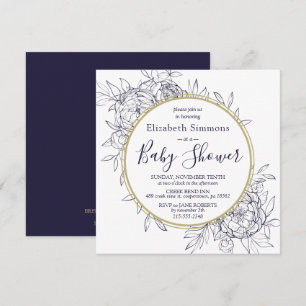 Navy & Gold Peony Modern Floral Toile Baby shower Kaart