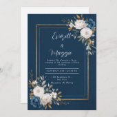 Navy & Gold Peony Wedding Kaart (Voorkant / Achterkant)