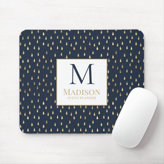 Navy Gold Raindrop Modern Trendy Monogram Muismat (Met muis)
