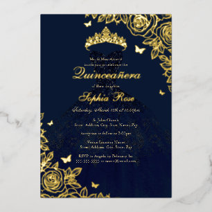 Navy Gold Roos Dress Quinceanera Folie Uitnodiging