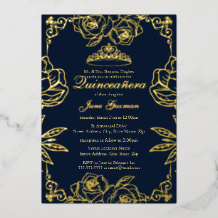 Navy Gold Roos Garden Quinceanera Folie Uitnodiging